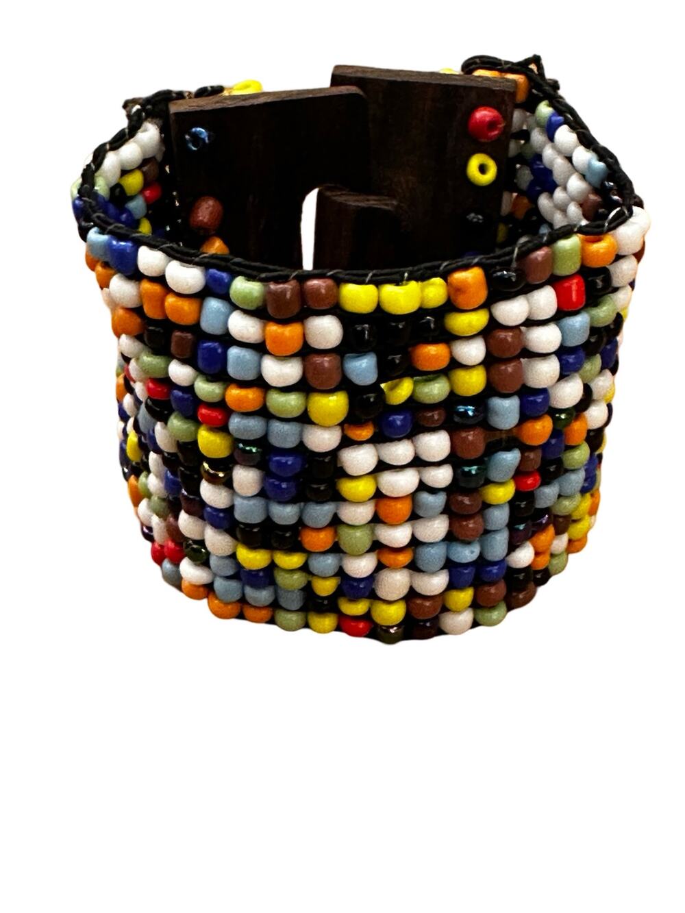 Seed Bead and Wooden Clasp Bracelet No Metal